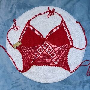 New w/Tags — Red Crochet Triangle Festival Top — Adjustable Ties — Size S